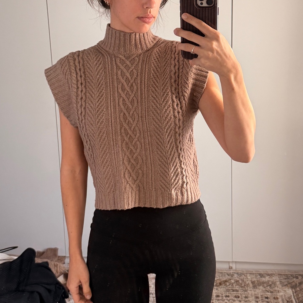 Pink Rose Taupe Cable Knit Cut Off Sweater Vest